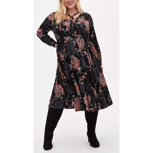 Torrid Midi Challis Skater Dress Black Paisley Plus Size 1 1X Boho Festival